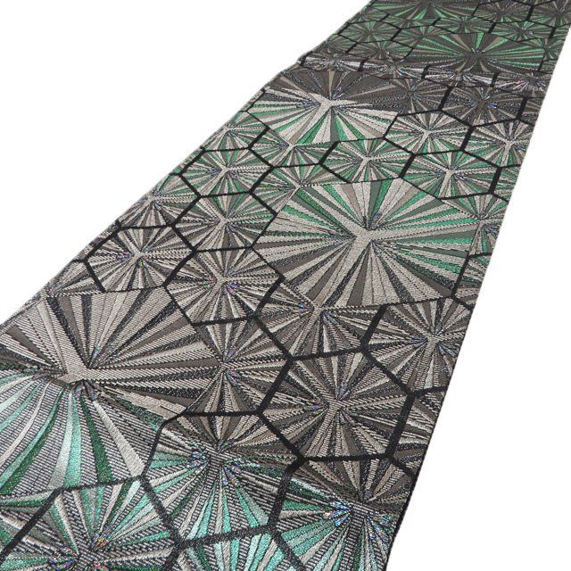 袋帯 ♥ 正絹 セミフォーマル 仕立て上がり 六通 金華山織 幾何学模様 箔糸 黒色 緑系色 銀 きもの北條 A1286-16