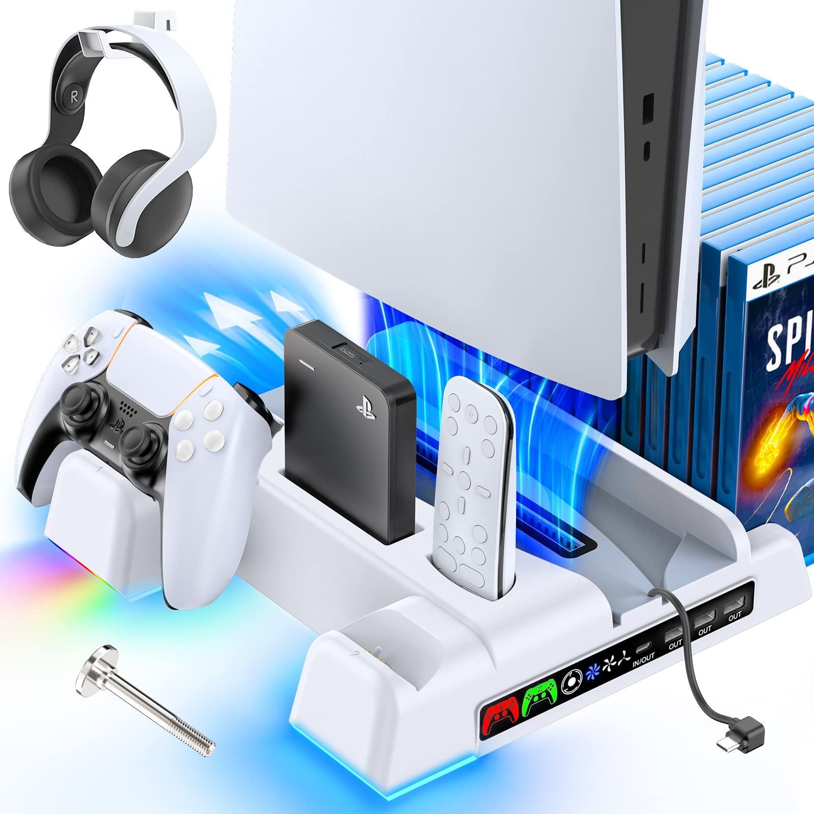 PS5 縦置き 冷却 スタンド OIVO PS5コントローラー充電 2台同時充電 3段階ファン速度調整 PS5冷却ファン LED充電指示ランプ  RGB呼吸ライト ヘッドセットフック ディスクドライブとリモコン 収納 多機能 ネジ付 PS5ディスク-デジタル兼用 