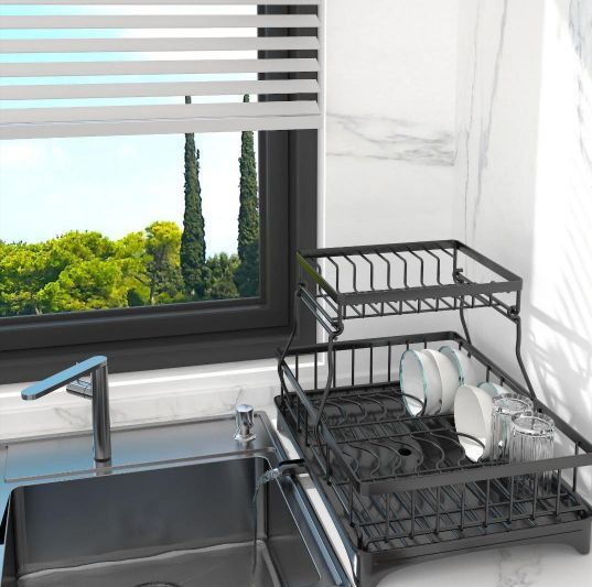 大容量2段式水切りラック - 自動排水、耐久性のあるスチール製 大容量2段式水切りラック - 自動排水、耐久性のあるスチール製