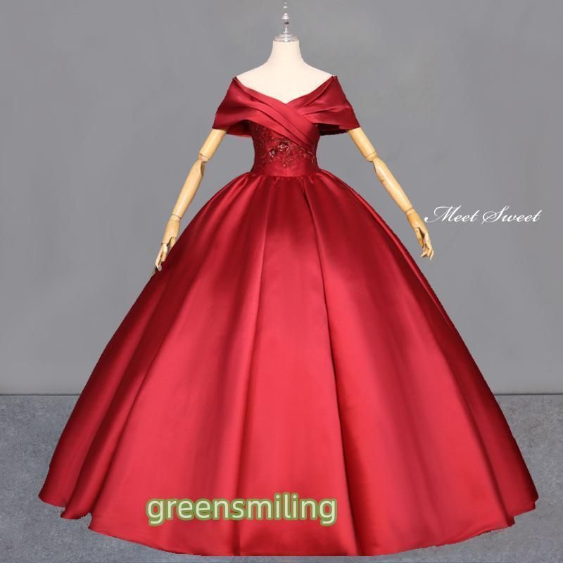 【送料無料】カラードレス プリンセスライン ロングドレス レッド 赤 サテン オフショルダー ウェディングドレス 結婚式 二次会 花嫁 前撮【今季トレンド】ZZ520