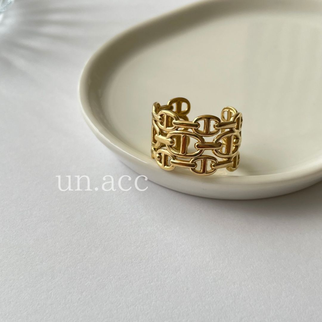 ステンレス ゴールド リング H モチーフ 3連 トリプルアンカーチェーン