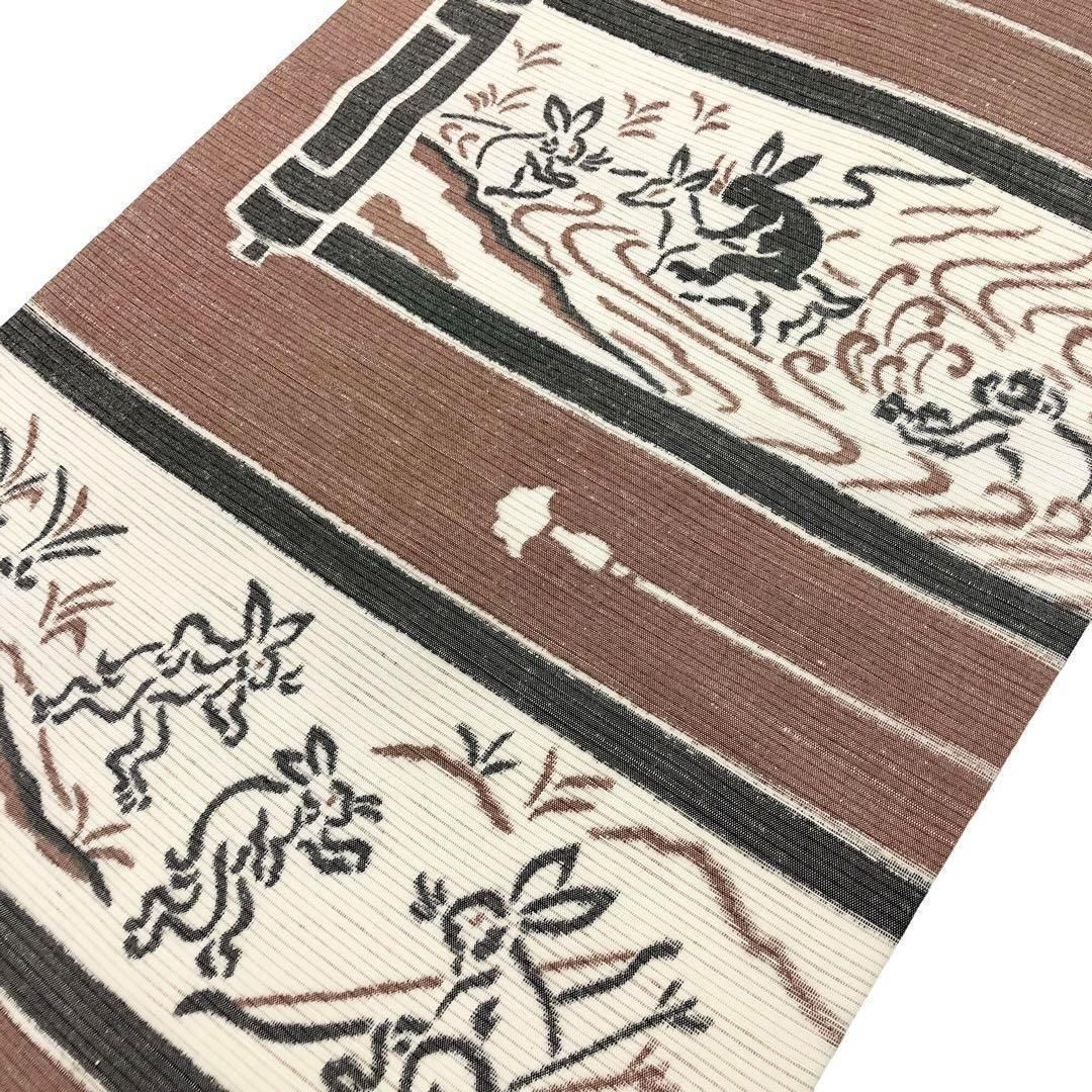 名古屋帯 紬 巻物に鳥獣戯画 小鹿色 O-2759