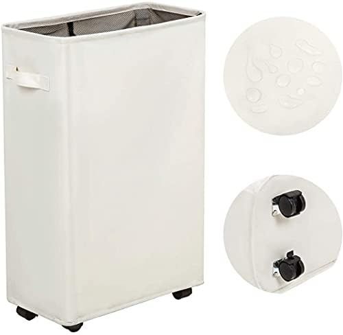 【在庫処分】(ベージュ) 39×20×56cm オックスフォード 防水コーティングラミーコットン 収納ボックス 持ち手付き メッシュ スリム 洗濯カゴ 折りたたみ ランドリーバスケット キャスター付き