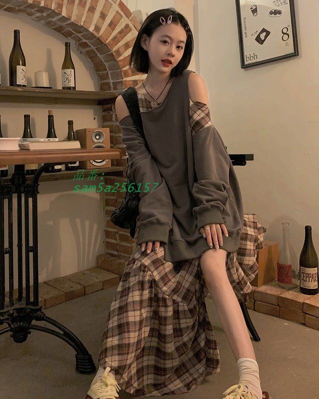 フィッシュテール スカート チェック 変形 アシメ 韓国 原宿系 オルチャン レディース 長袖衣装 ストリート am5a256157