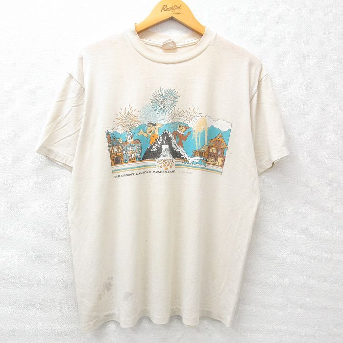 XL/古着 半袖 ビンテージ Tシャツ メンズ 90s 原始家族 フリントストーン ヨギベア 大きいサイズ クルーネック ベージュ系 カーキ spe 24au