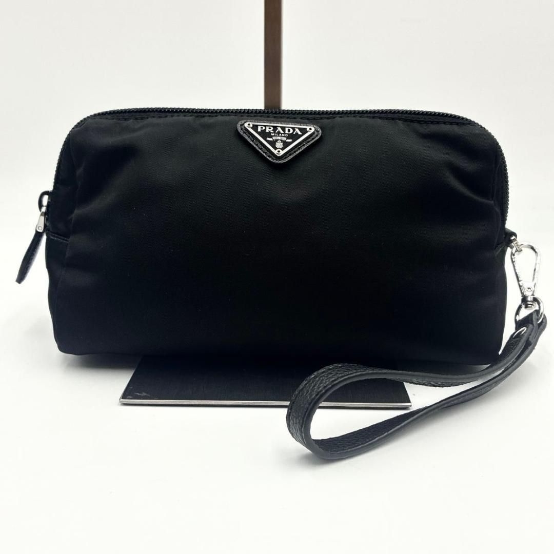 外観美品 プラダ ポーチ サフィアーノレザー 三角ロゴ テスート