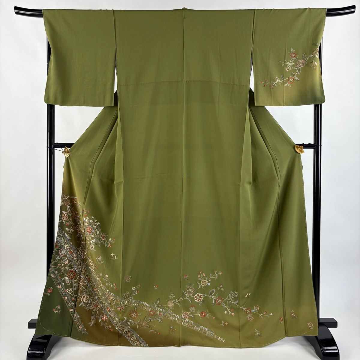 訪問着 身丈166.5cm 裄丈67.5cm L 袷 華文 草花 金銀糸 刺繍 よもぎ色 正絹