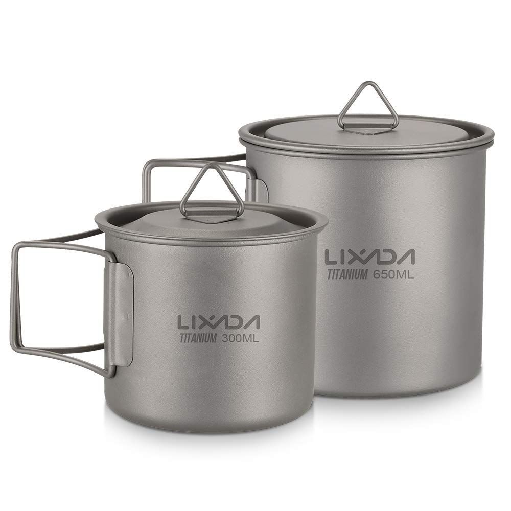 『大人気』チタンマグ チタンカップ チタンシングルマグ300ml+650ml 調理器具セット Lixada ピクニックウォーターカップ マグカップ 折りたたみハンドル付き キャンプ マグカップ