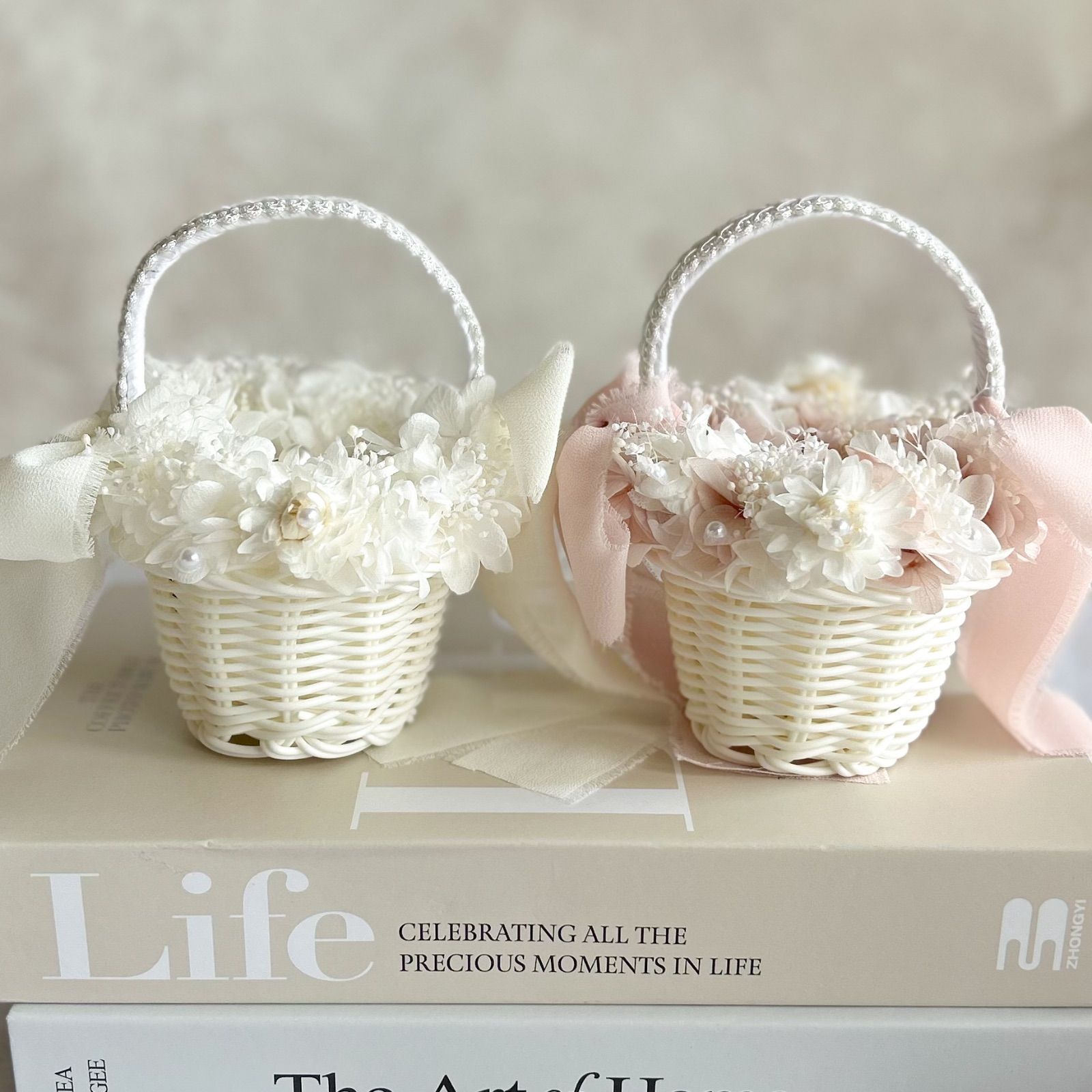 2人で運べる　2個セット　リングガール　リングピロー　リングボーイ　結婚式　ウェディング　~pink &white~
