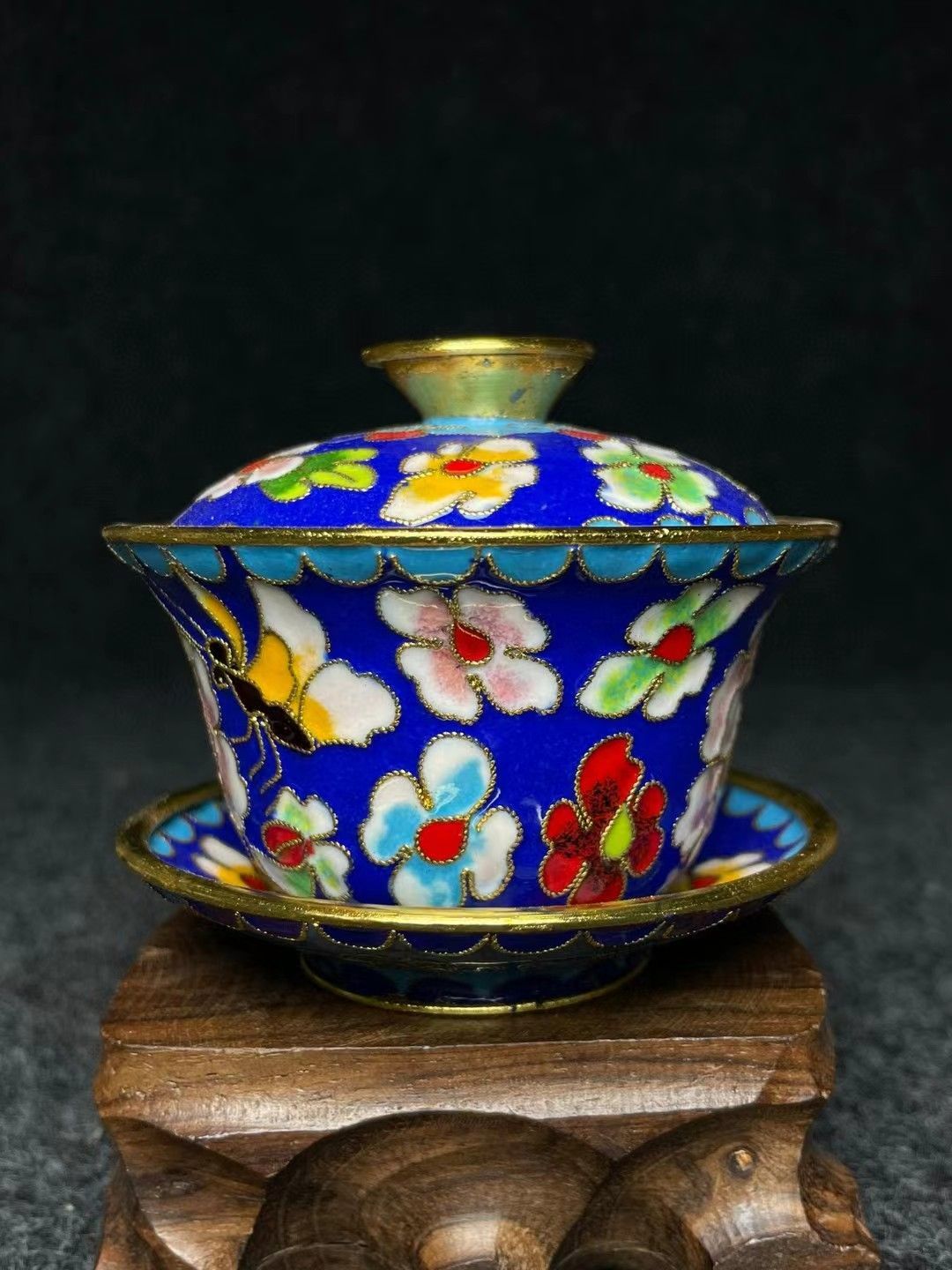 中国骨董・珍品旧蔵・銅胎景泰藍・エナメル彩・花模様・茶碗・茶道具