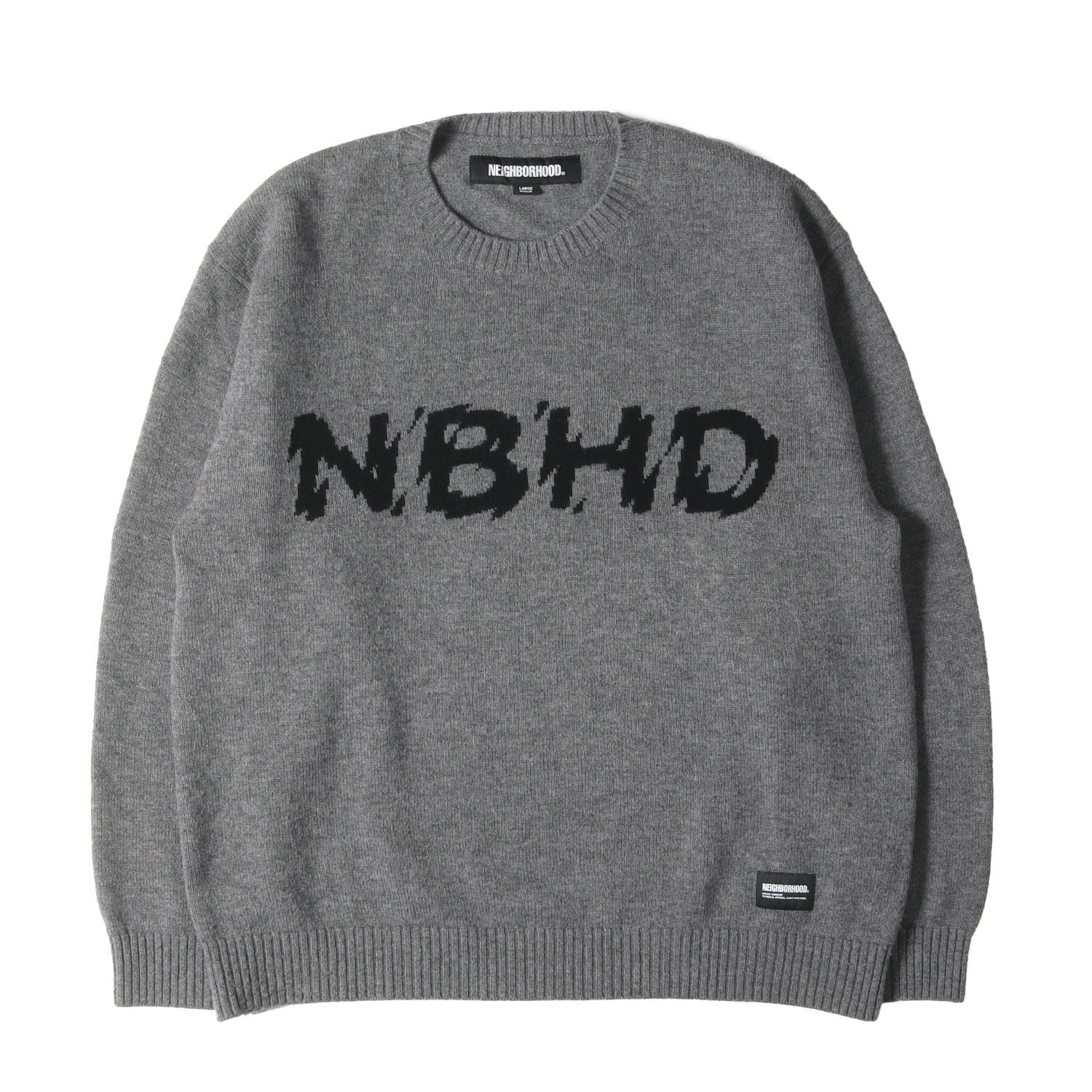 【美品】NEIGHBORHOOD ネイバーフッド ニット サイズ:L / 23AW NBHDロゴ ウールニット セーター (INTARSIA SWEATER) / グレー / トップス プルオーバー【メンズ】【中古】
