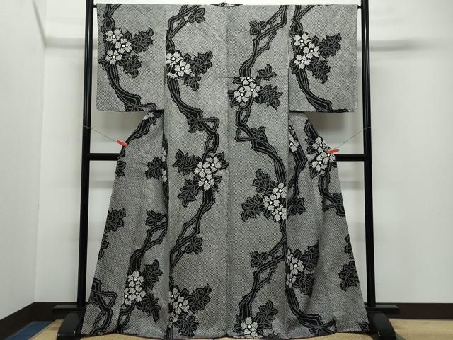 平和屋着物 上質な小紋 総絞り 枝花文 黒地 正絹 CAAZ0910vf