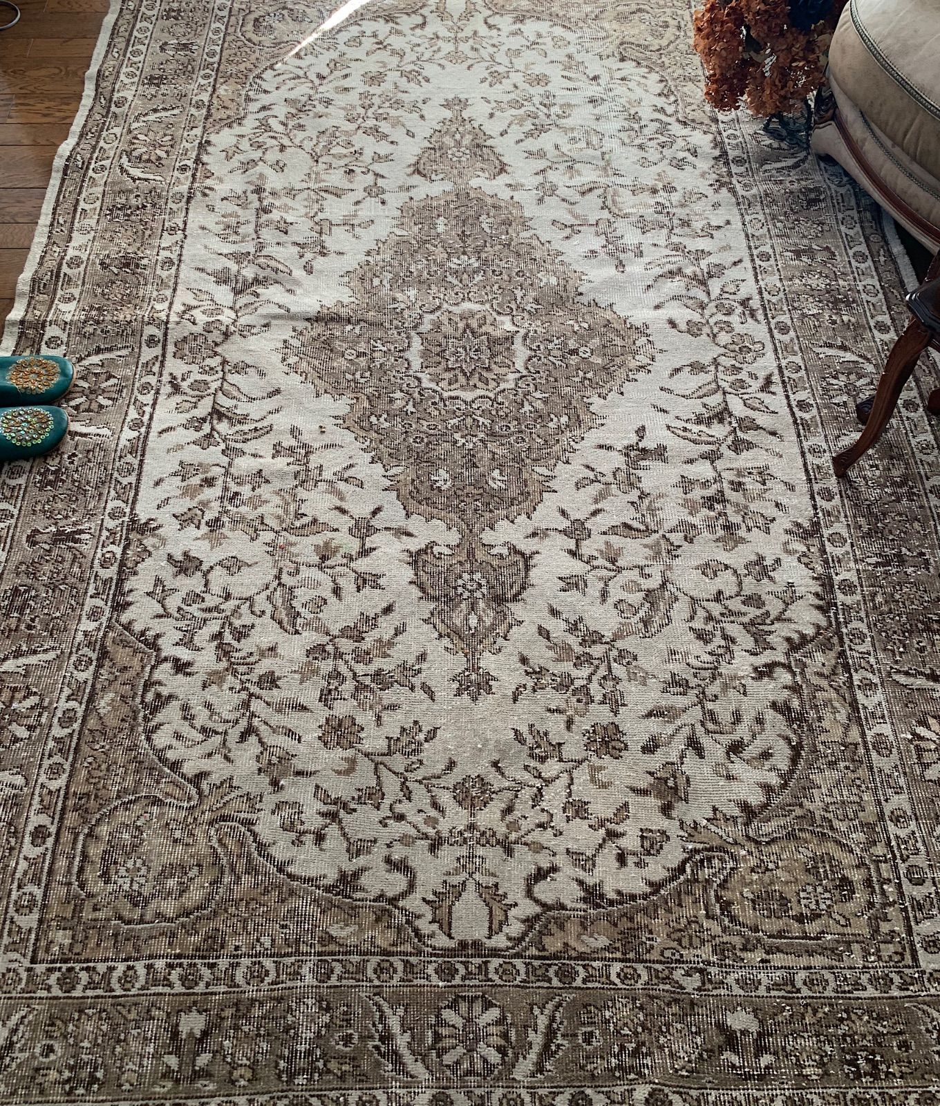 超大判 グレージュ256×172 ボタニカル トルコヴィンテージラグ 絨毯