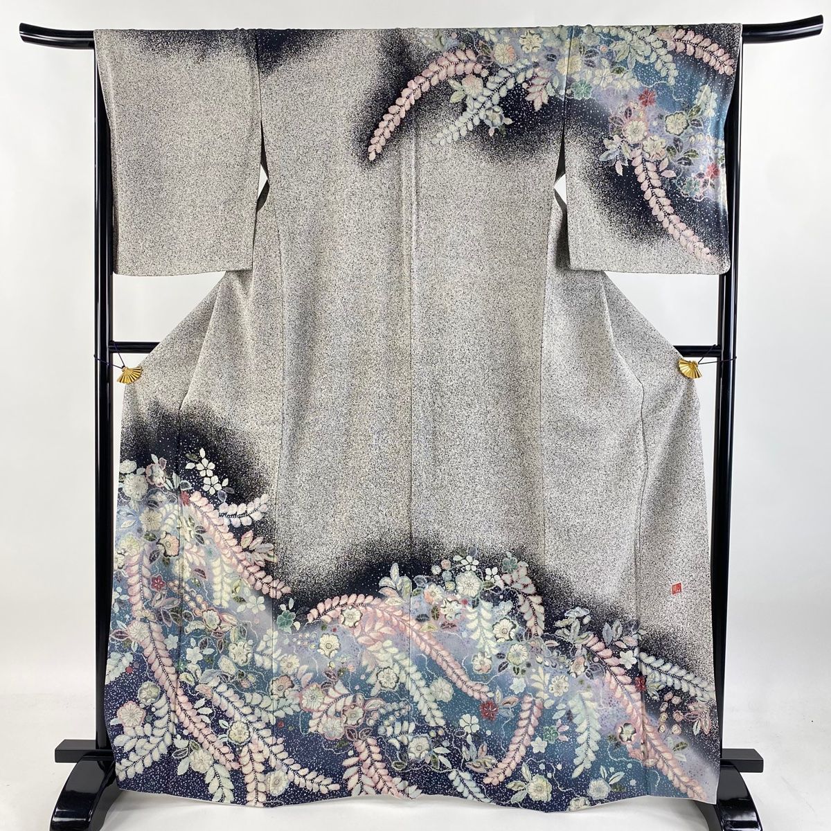 訪問着 身丈167.5cm 裄丈66.5cm M 袷 落款 辻が花 ぼかし 灰色 正絹 名品