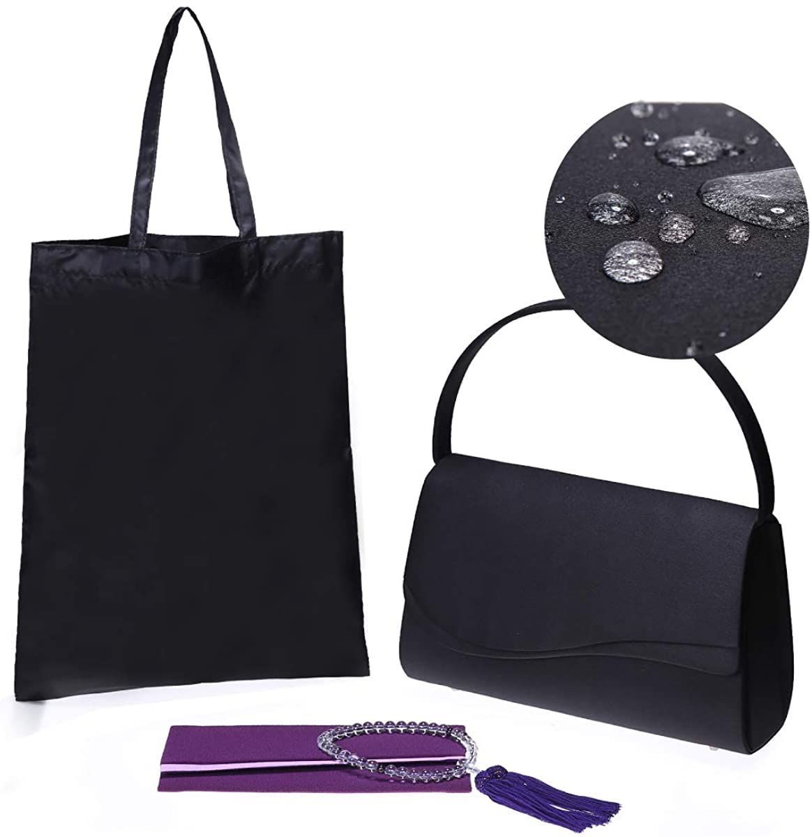 Color 黒い4セット NAACCI フォーマルバッグ レディース バッグ 冠婚葬祭 葬儀用 お葬式 喪服 弔事 法事 入学式 入園式 卒園式 卒業式 女性 大きめ 袱紗 念珠 サブバッグ 4点セット