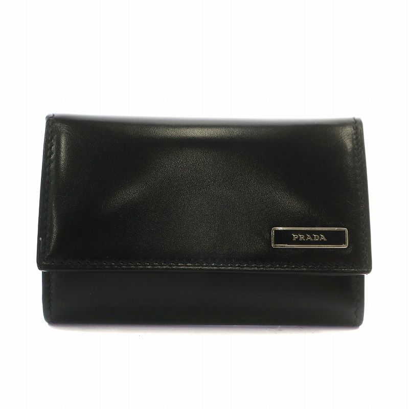プラダ PRADA キーケース 三つ折り レザー 6連 ロゴ シルバー金具 黒 ブラック |XZ GY11
