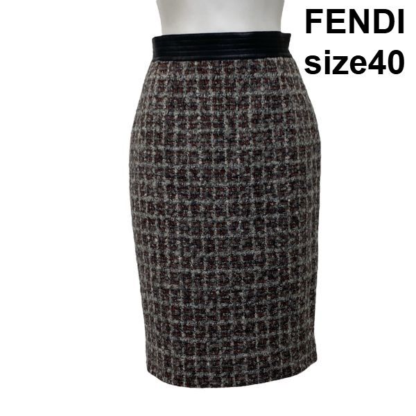 ●◆ フェンディ FENDI ツイードスカート タイト 膝丈 グレー系 ウール アルパカ 40 S 7号 レディース S5V360