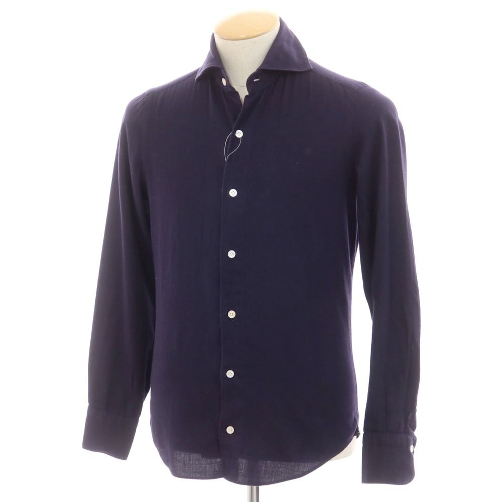 【美品】フィナモレ　ホリゾンタルカラーリネン長袖シャツ　M ネイビー　イタリア製 フィナモレfinamore シャツ ホリゾンタルカラー長袖 S 青ブルー