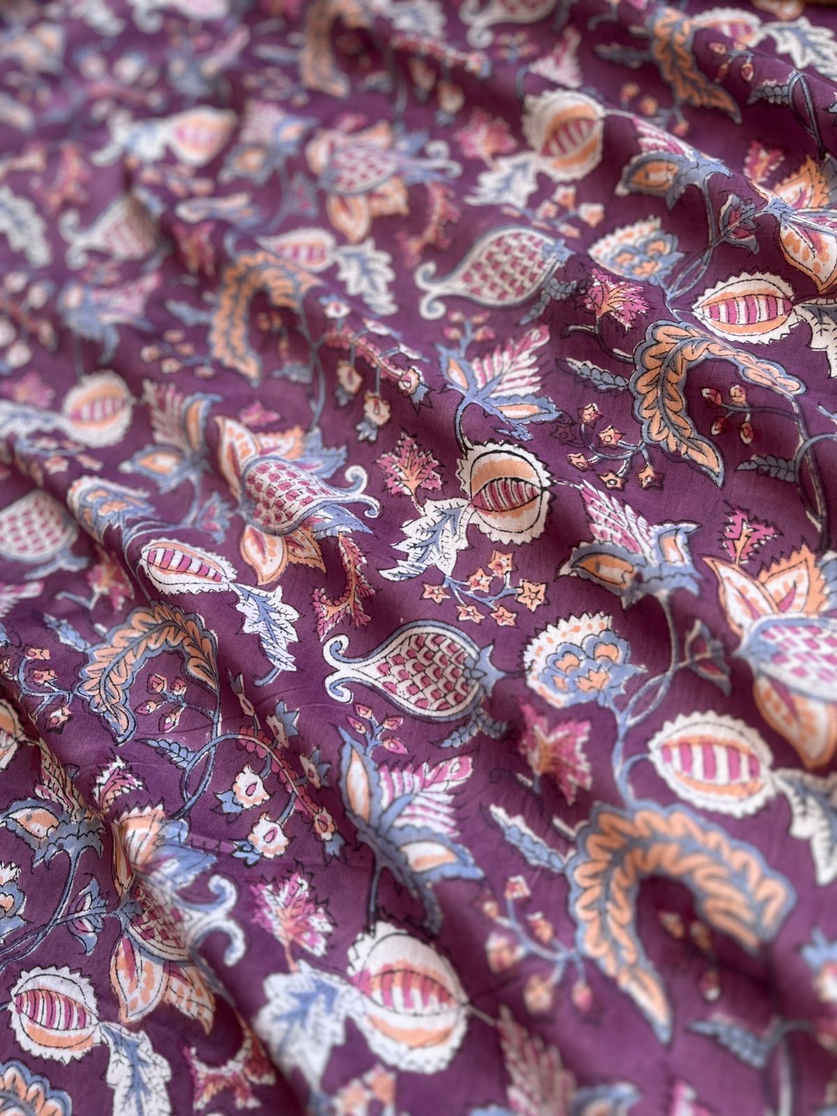 Sarasa fabric 3.3m インド綿　ブロックプリント　紫の花柄　ハンドメイド　ハンドブロックプリント　木版印刷　木版プリント　手仕事　更紗　カットクロス　コットン