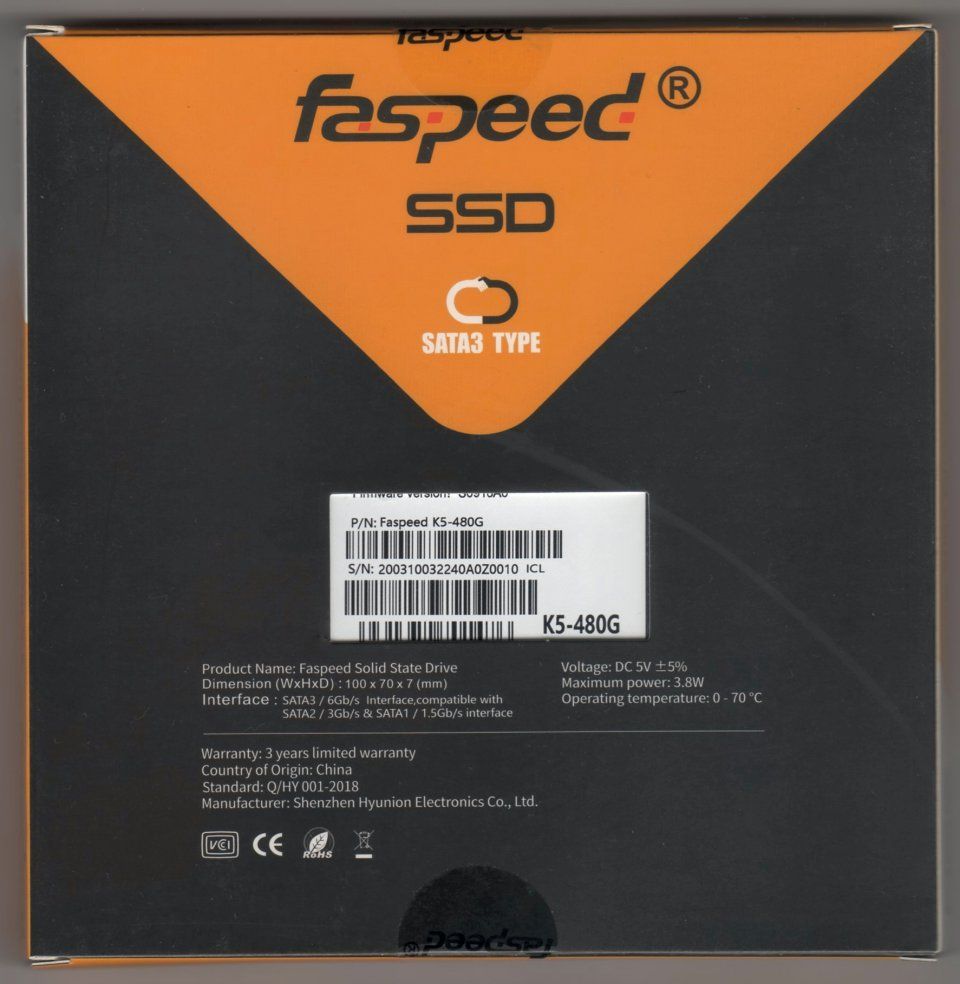 新品 Faspeed SSD 480GB SATA3 2.5インチ 3年保証