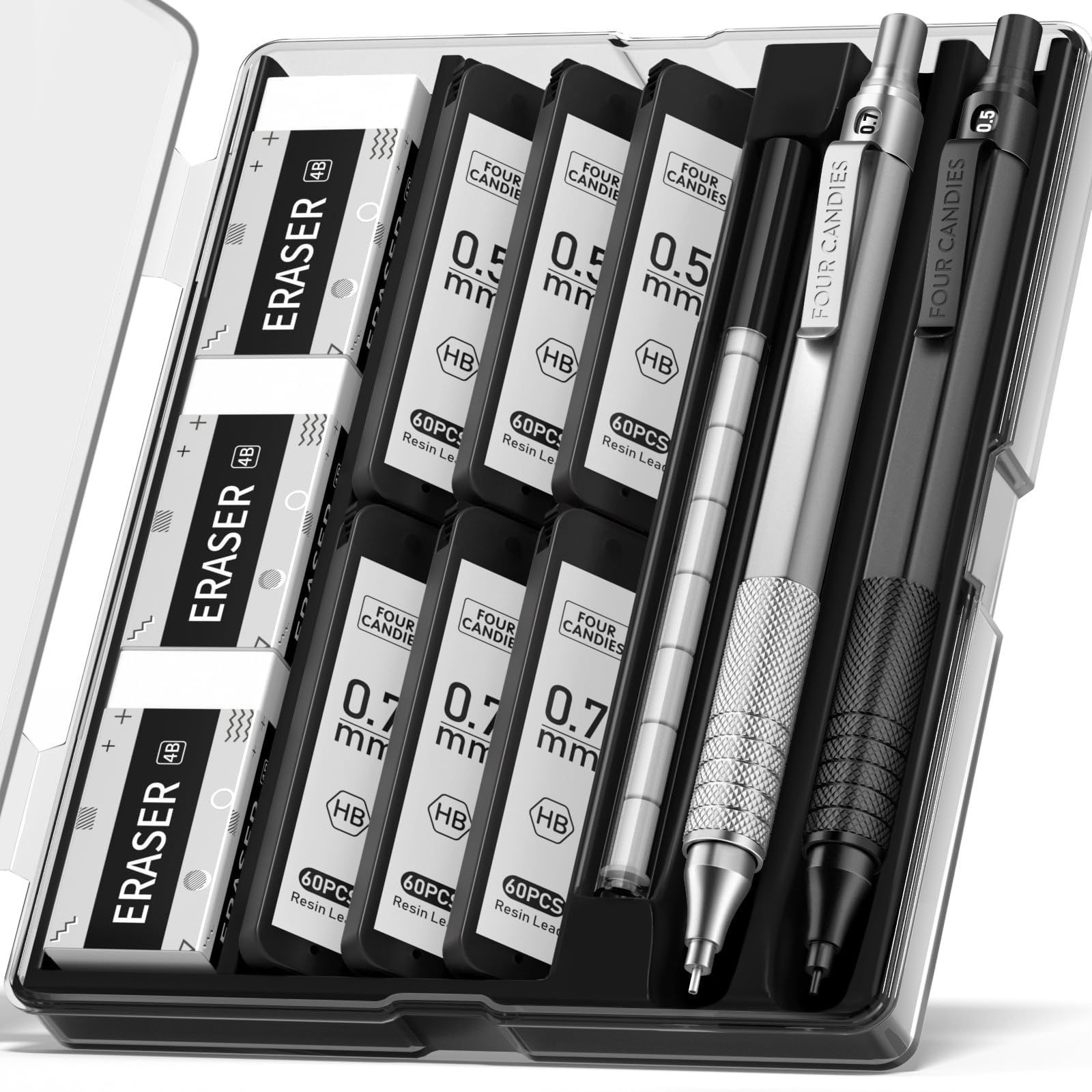 特価商品】ブラック＆シルバー 文房具セット ケース付 消しゴム