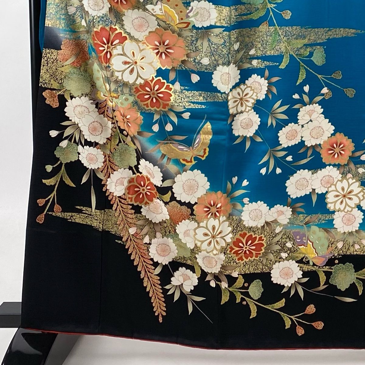全国どこでも送料無料！ 金彩 蝶 桜 袷 M 裄丈66cm 身丈165cm 振袖 染め分け 正絹 青緑 着物・浴衣