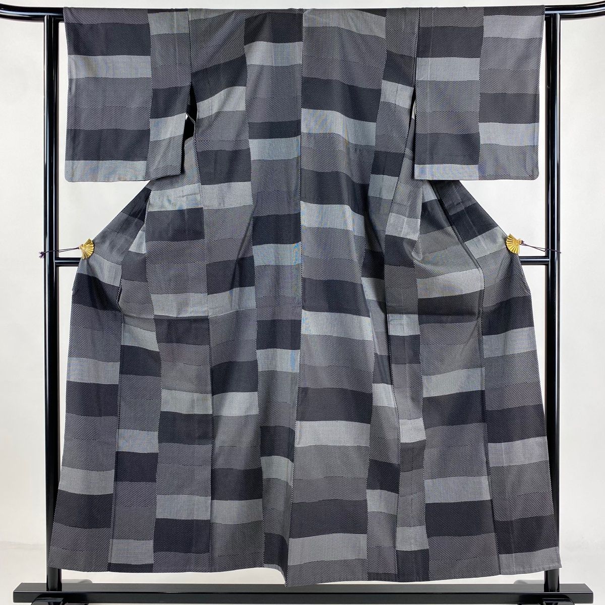 木綿着物 久留米かすり 木綿 単衣 瓦模様 バチ衿 紺色x青色x白色