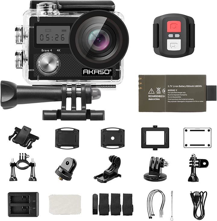 AKASO アクションカメラ Brave4 4K ウェアラブルカメラ 2000万画素 EIS手ブレ補正 5倍ズーム WiFi搭載 外部マイク対応 水中カメラ 30M防水 リモコン付き 広角レンズ HDMI出力 1050mAhx2( Brave4)