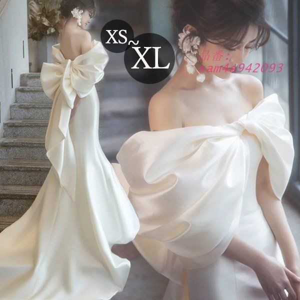 ウェディングドレス ロングドレス トレーンドレス 編み上げ 大きいリボン サテン オフショルダー 袖あり マーメイドドレス 背中開き 肩出し am 4 a 942093