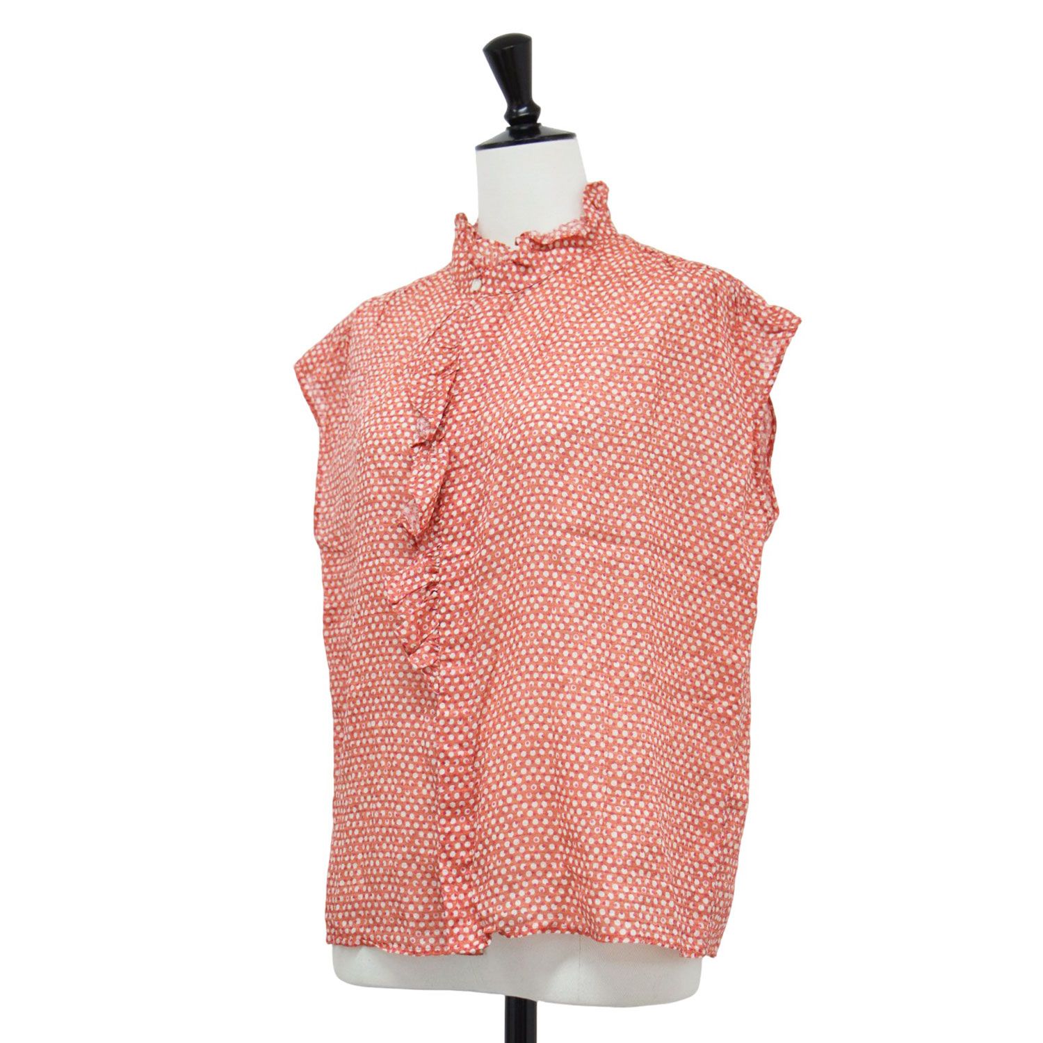 SOULEIADO ソレイアード ブラウス オレンジ系 サイズ:36(9号) | 24春夏 コットン ラミープリント フリルネック ブラウス / シャツ | ノースリーブ ハイネック 比翼ボタン リネン | 日本製 | トップス【レディース】【中古】【K4572】 SOULEIADO ソレイアード ブラウス オレンジ系 サイズ:36(9号) | 24春夏