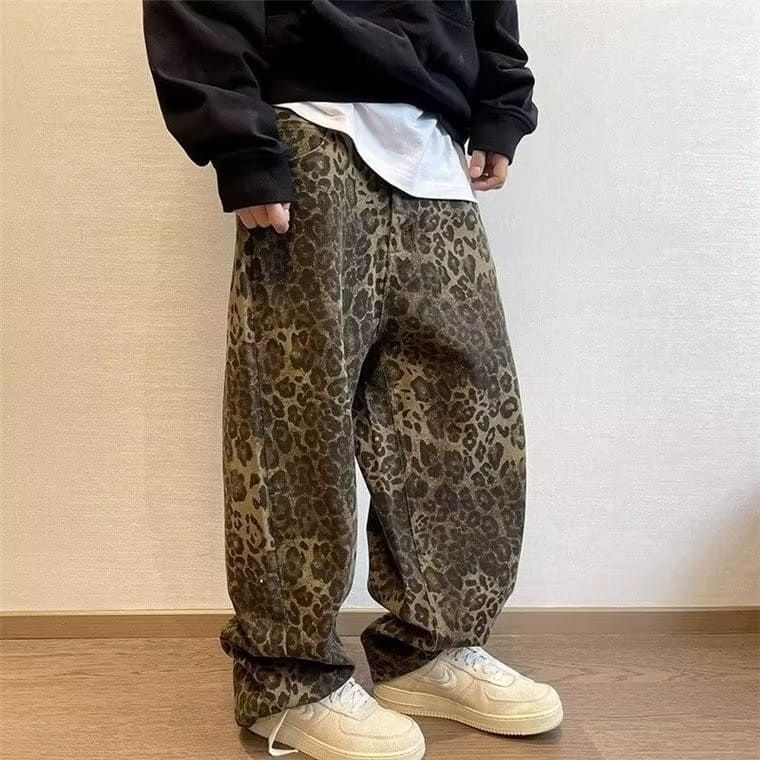 ド派手 ヒョウ柄プリント ジーンズ 012 茶 デニム ワイドパンツ 太 