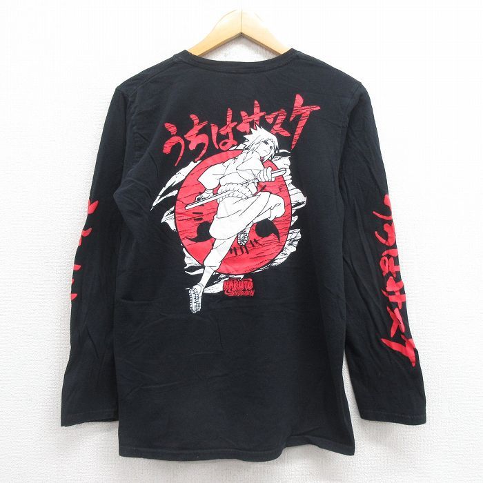 M/古着 長袖 Tシャツ メンズ アニメ ナルト疾風伝 うちはサスケ コットン クルーネック 黒 ブラック 25aug22 