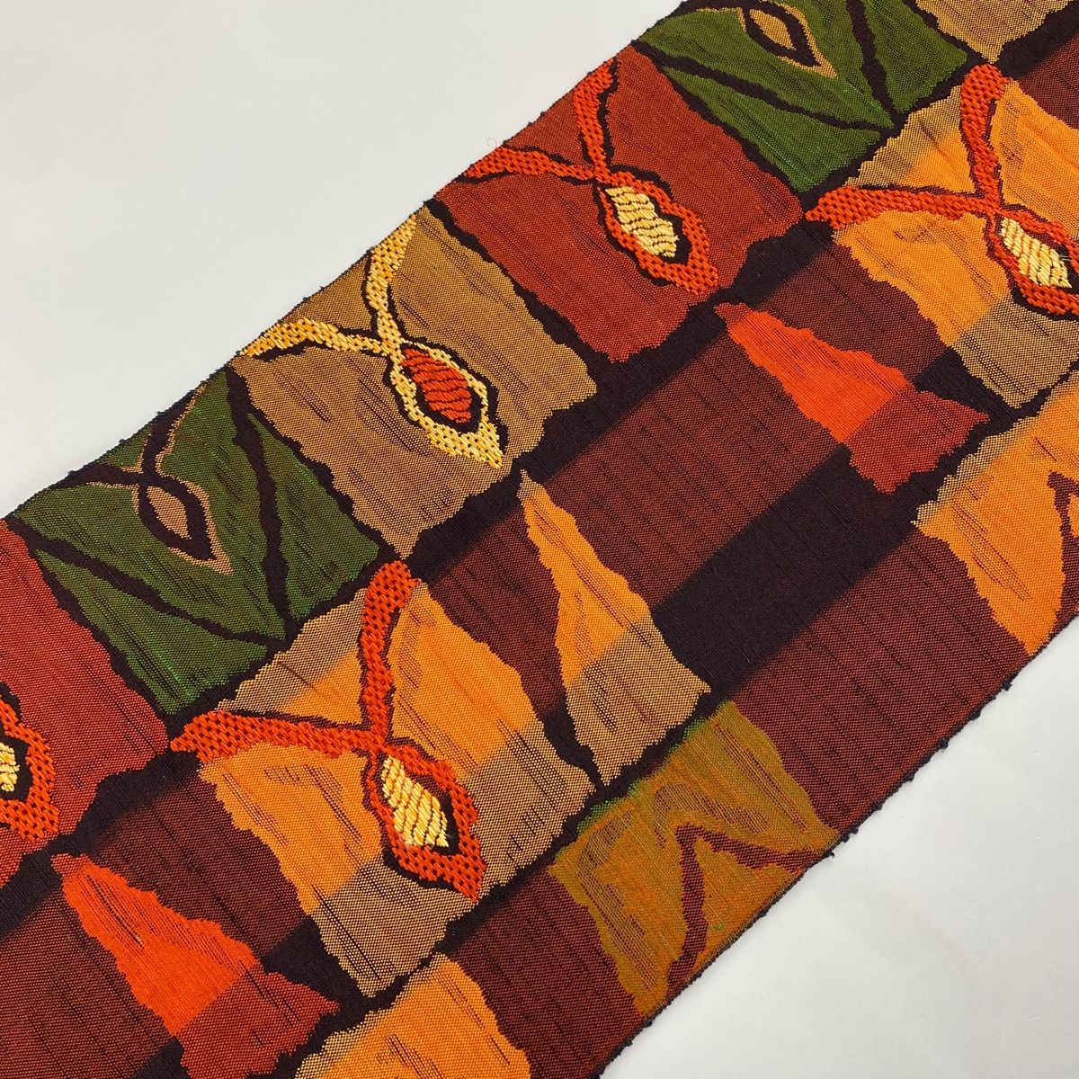 名古屋帯 美品 優品 八寸名古屋帯 松葉仕立て 幾何学模様 赤黒