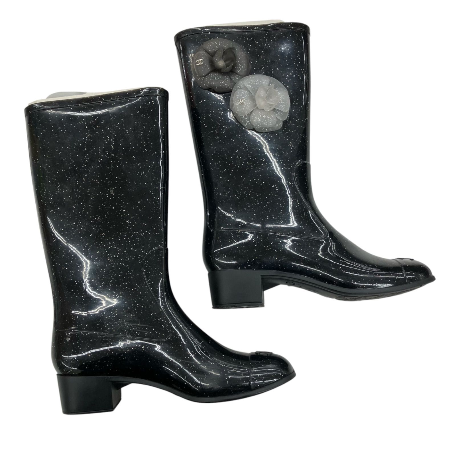 【即納！】186005　収納ケース付き☆　現状品　CHANEL シャネル　レインブーツ　レディース　36サイズ　ブラック　カメリア　ココマーク　ラメ入り 水に強い