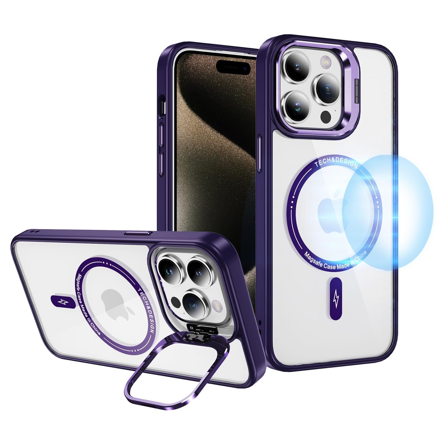 iPhone 15 Pro 用 ケース Magsafe 隠しスタンド パープル iPhone 15 Pro 用 ケース Magsafe 隠しスタンド パープル MagSafe対応