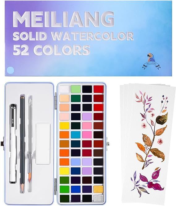MeiLiang 固形水彩絵の具、52色固形水彩絵の具セット、水彩筆ペン、アウトラインペン、スケッチペンシル、スポンジ付き、溶けやすい、速乾性の水彩、大人の塗り絵、屋外スケッチ、学校、初心者、専門家向けのポータブル画材