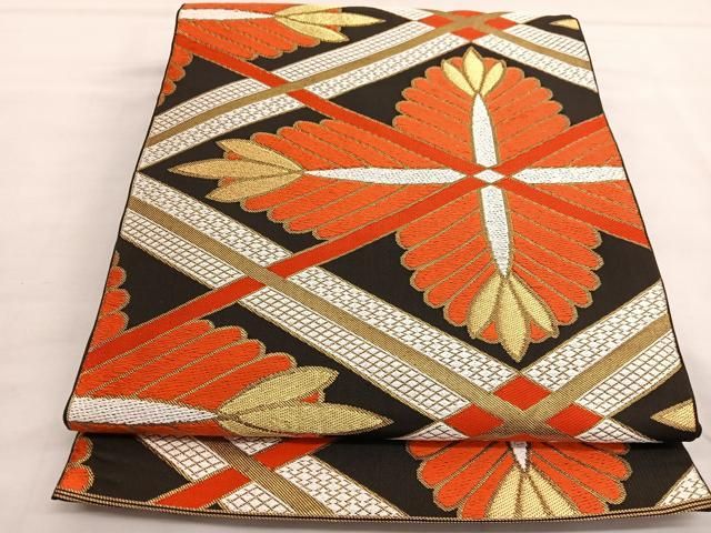 平和屋着物□西陣 川島織物 六通柄 本袋帯 唐織 若松葉菱文 黒地 金糸
