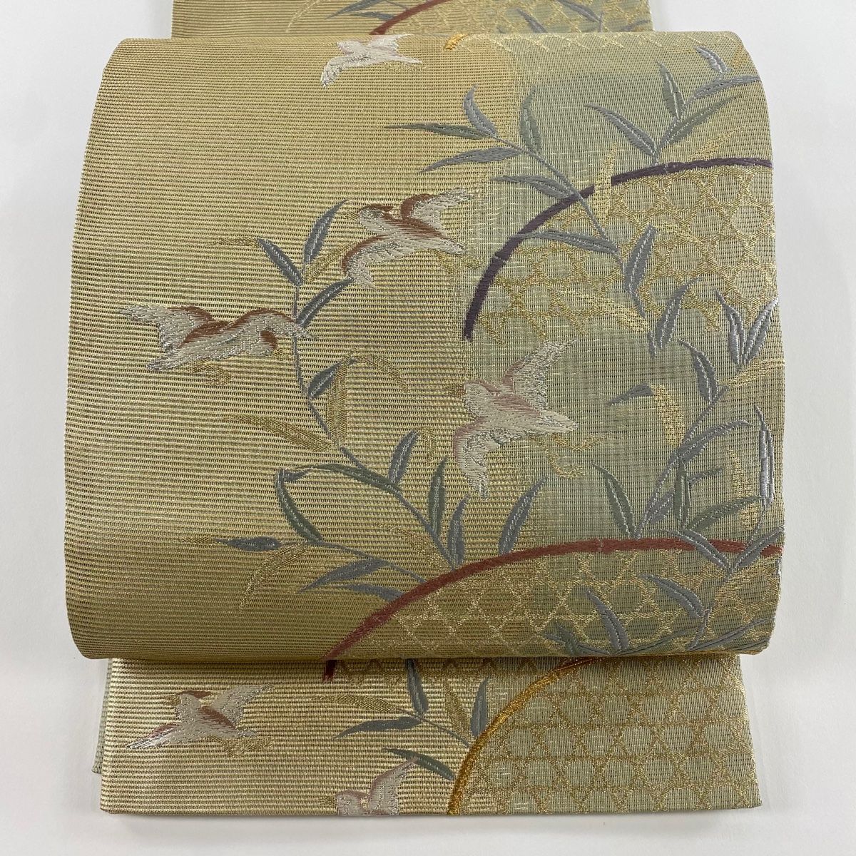 袋帯 秀品 夏帯 絽 光悦垣 鳥 金銀糸 刺繍 ベージュ 六通 正絹