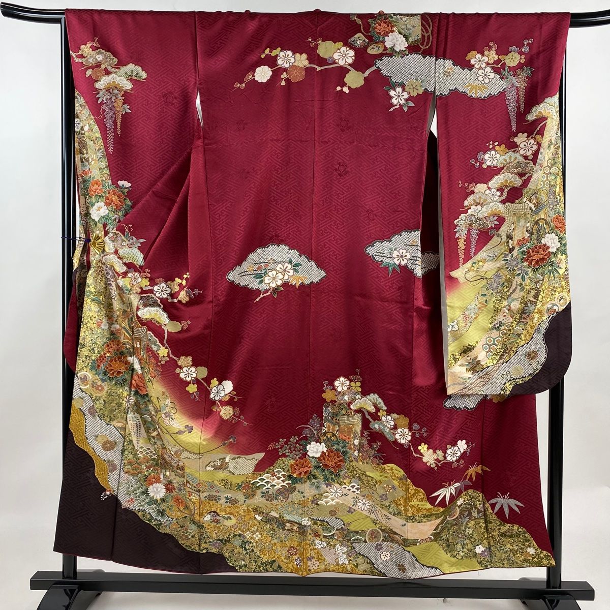 振袖 身丈155.5cm 裄丈67.5cm L 袷 鈴乃屋 御所車 松竹梅 金糸 金彩 赤紫 正絹 秀品