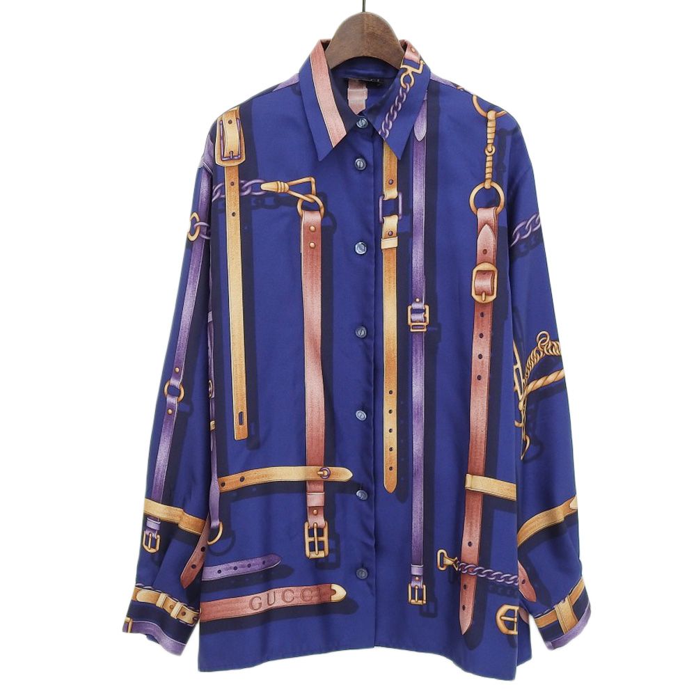 GUCCI グッチ トムフォード期 ベルト柄 シルク GGボタン ブラウス シャツ 42 ネイビー レディース 古着