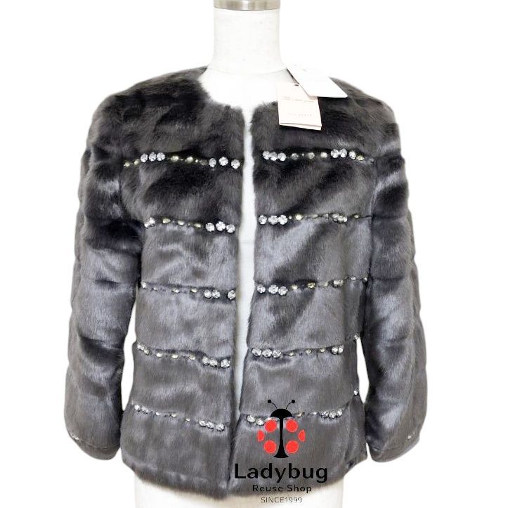 TED BAKER テッドベーカー ファーコート ノーカラーコート グレー 英国ブランド