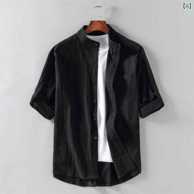 種類18：XL/A：ブラック  メンズ ファッション 服 男性用 オシャレ シンプル 大人 かっこいい 大きいサイズ ストリート 紳士服 コットンリネン 半袖 シャツ 夏 リネン カジュアル 無地 スタン
