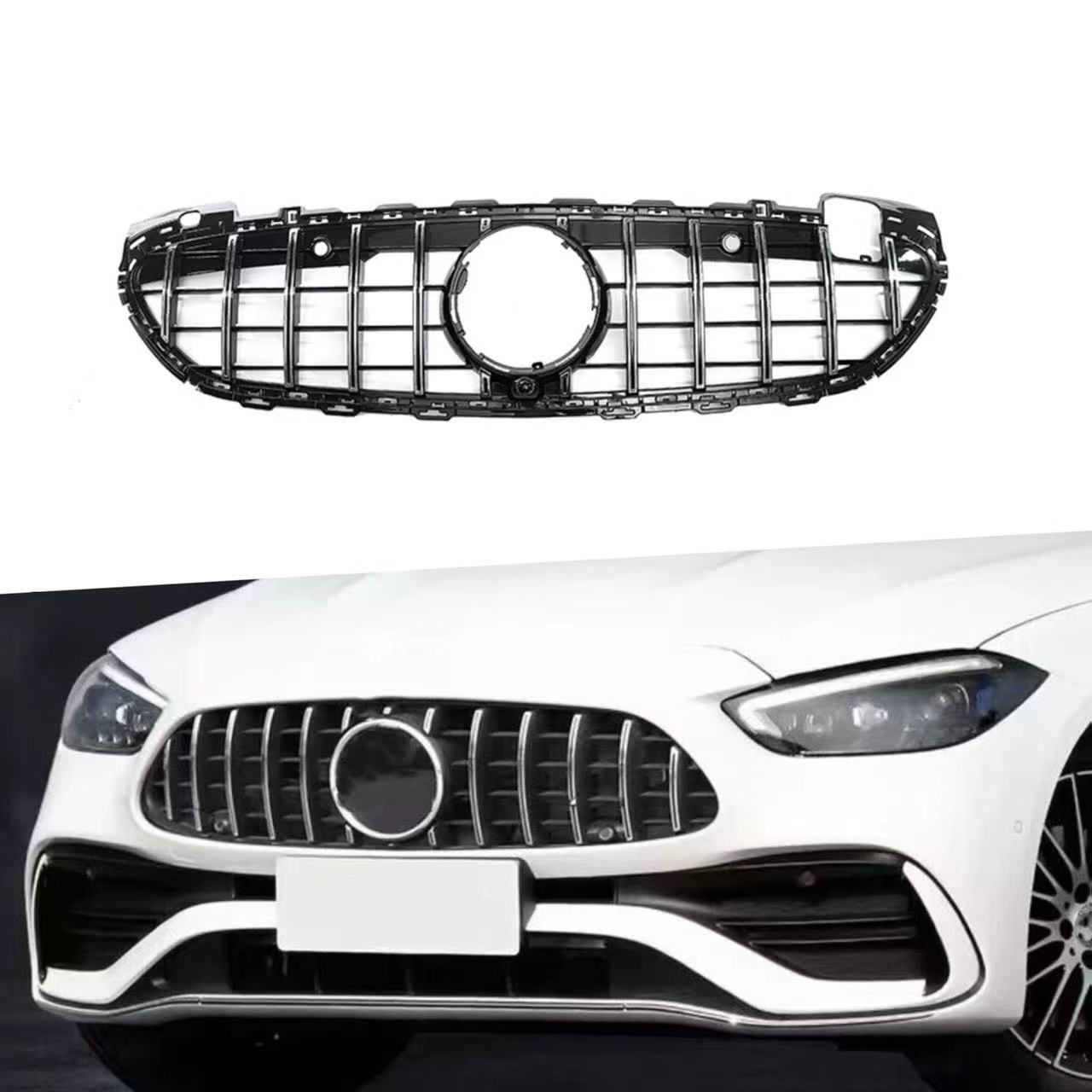 フロントグリル 男女兼用 スポーティ外装 W206 Cクラス 2021-2025 GTスタイル 縦縞グリル 中網 全亮黒 銀色ストライプ ABS製