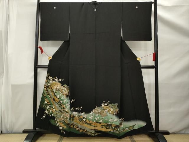 【SAKI様❤️あい2411黒留袖⭐️落款⭐️金彩⭐️宝尽し❣️帯締め帯揚げ長襦袢半襟】 ZF-1177 黒留袖 金駒刺繍 正絹 扇 金箔 フォーマル 結婚式 入学