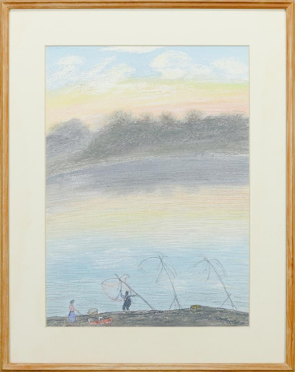 尾崎良二　パステル画 パステル 尾崎良二 「山陰の雲と海と人」商品番号34110404 - 絵