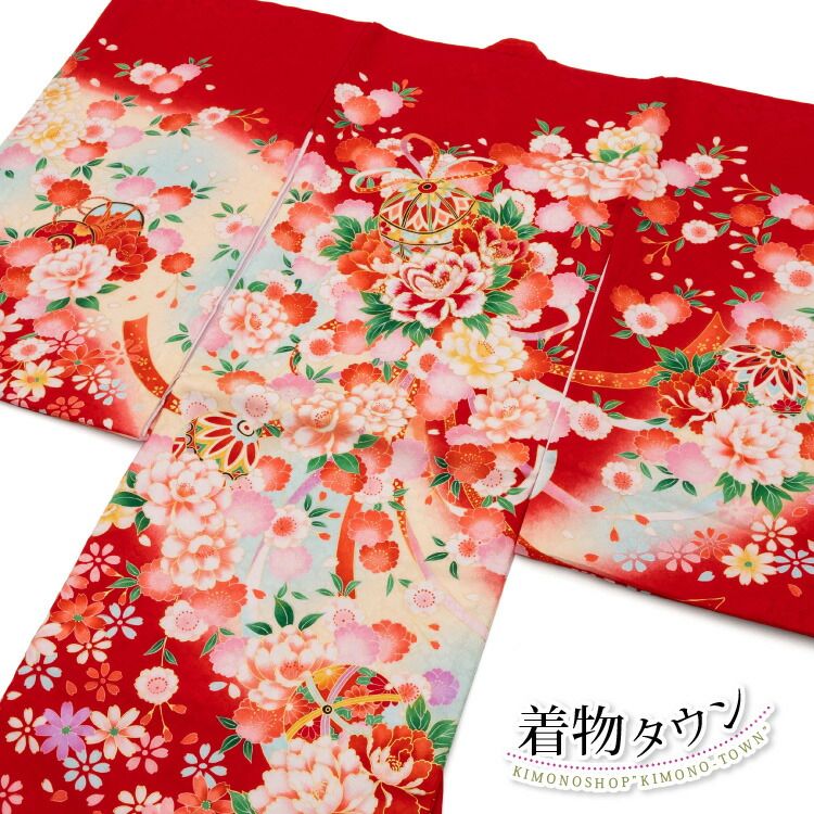 お宮参り 着物 女の子 初着 産着 正絹 鈴 毬 桜 赤 女児 祝着 掛け着 一つ身 のしめ 販売 購入 hitotsumi-00046
