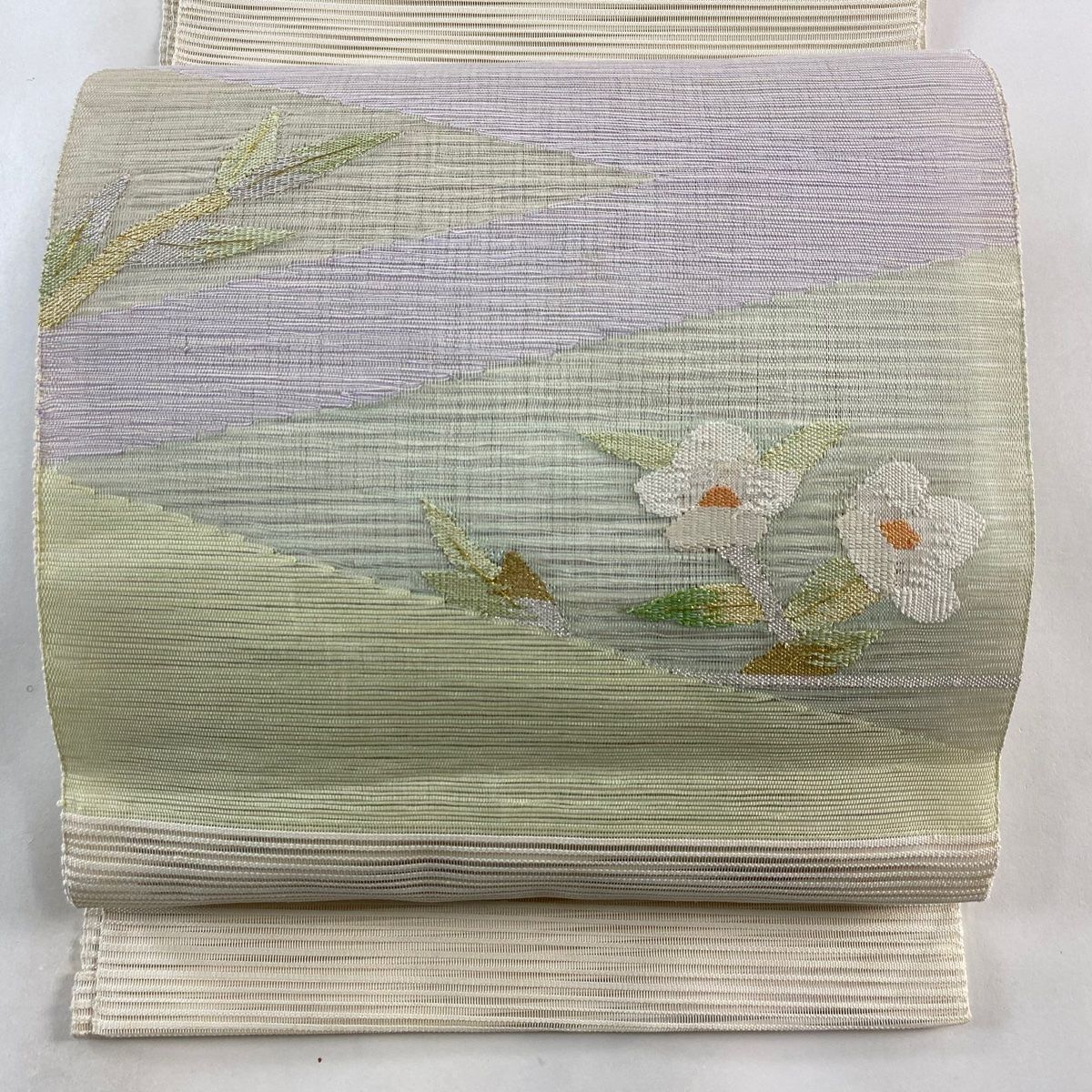 名古屋帯 秀品 夏帯 絽 八寸名古屋帯 草花 金銀糸 薄緑 正絹