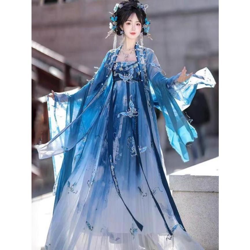 ♥ 古典美女漢服唐装 レディース 豪華ロング丈羽織 生き生き蝶柄漢服 刺繍中華コスプレ衣装 演出衣装 リボン 日常着もOK仙女中国伝 CS00925BJ