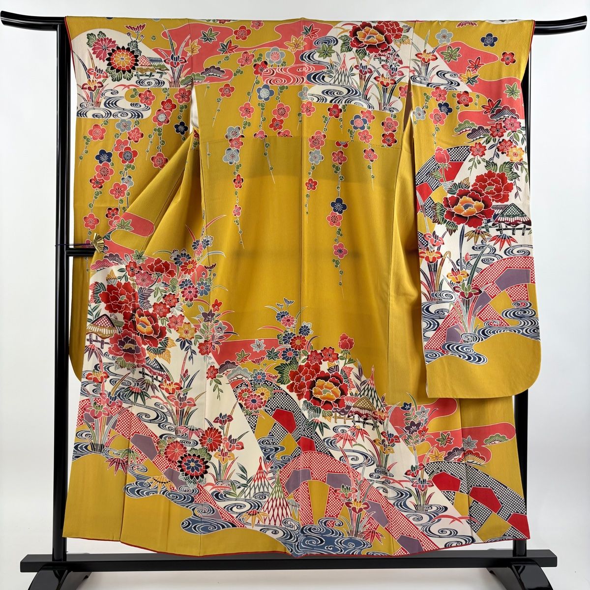 振袖 身丈155.5cm 裄丈65cm M 袷 牡丹 松竹梅 染め分け からし色