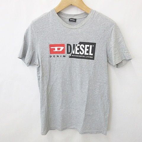 ディーゼル DIESEL Tシャツ カットソー 半袖 丸首 ロゴ プリント 文字 綿 グレー S